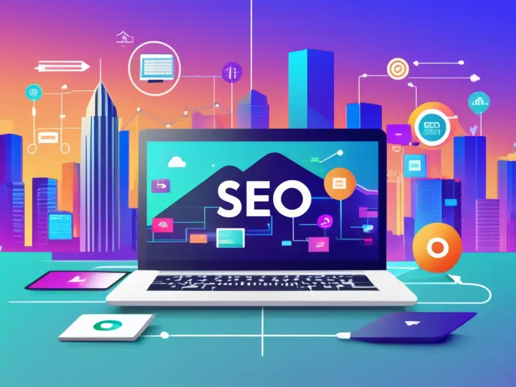 Ilustración moderna de SEO en marketing de afiliados Ilustración minimalista de paisaje digital SEO con laptop, métricas, tráfico orgánico y estrategias para aumentar ingresos en afiliados