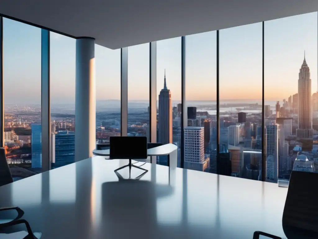 Oficina moderna con vista panorámica y tecnología avanzada Oficina moderna con vista panorámica de la ciudad, tecnología avanzada y enfoque profesional en técnicas de marketing de afiliados