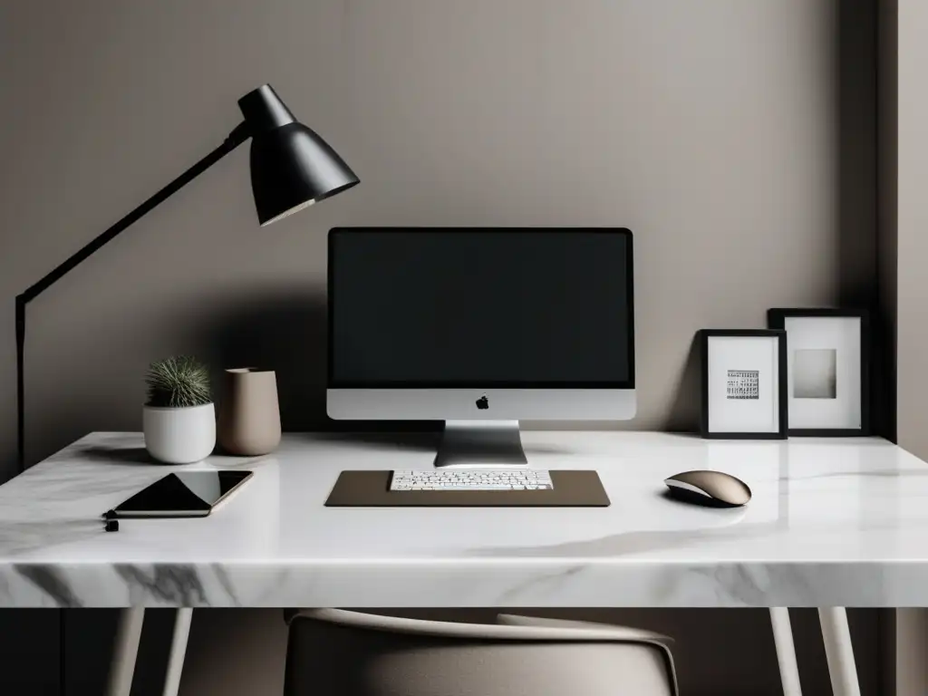 Espacio de trabajo minimalista y sofisticado Espacio de trabajo minimalista con escritorio de mármol blanco, laptop plateada y estrategias de marketing de afiliados exitosas