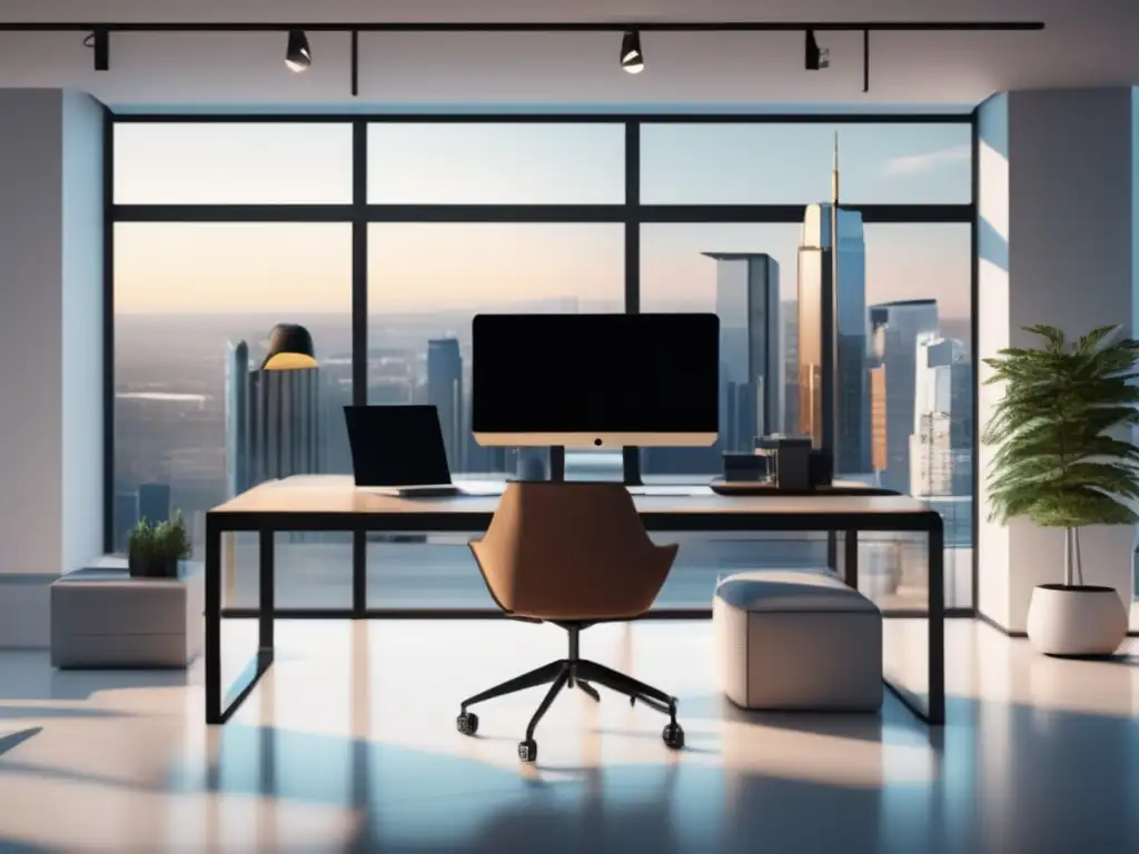 Oficina minimalista con ventanales iluminados Espacio de oficina minimalista y moderno con luz natural y escritorio de vidrio