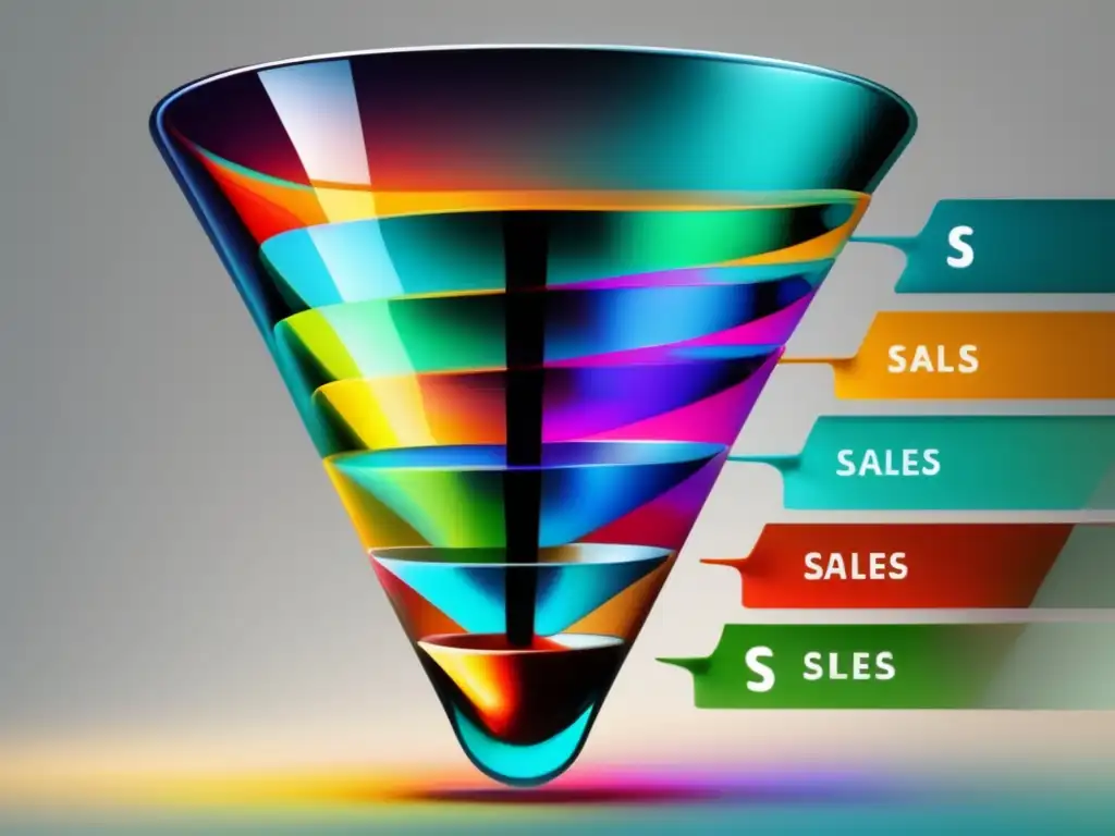 Embudo de ventas eficiente y efectivo Embudo de vidrio transparente con líquido multicolor representando estrategias efectivas para maximizar ingresos en el marketing de afiliados