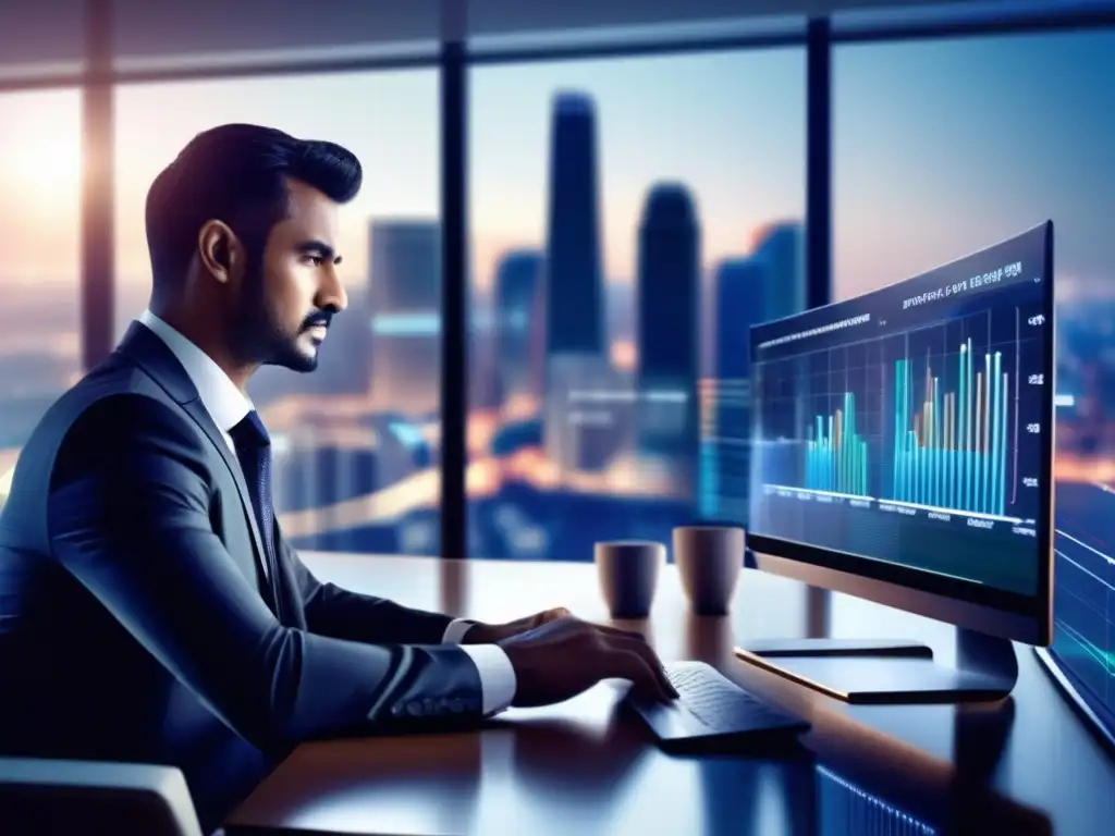 Análisis de mercado en pantalla de alta resolución Hombre de negocios analizando datos de mercado en pantalla de computadora de alta resolución