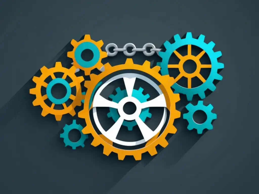 Intrincados engranajes y cadenas que representan el marketing de afiliación Leyes de marketing de afiliados: Imagen moderna de engranajes y cadenas interconectadas, simbolizando el funcionamiento de marketing de afiliados