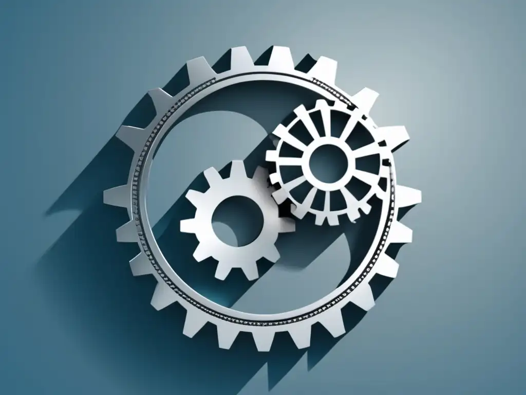 Estrategias de marketing de afiliados eficientes Estrategias efectivas de marketing de afiliados con engranajes interconectados en tonos metálicos y un fondo graduado de azul a gris