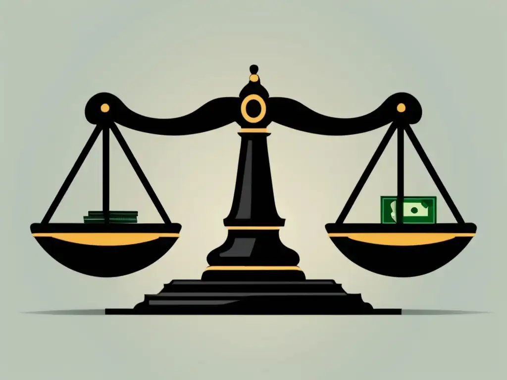 Justicia y regulaciones en el marketing de afiliados Regulaciones legales en el marketing de afiliados: imagen minimalista de una balanza de justicia equilibrada, dinero y consumidor desconfiado
