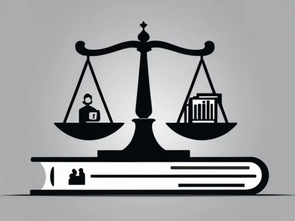 Equilibrio legal y marketing de afiliados Equilibrio legal y ético en el marketing de afiliados: ilustración de una balanza entre libros legales y una pantalla de afiliados