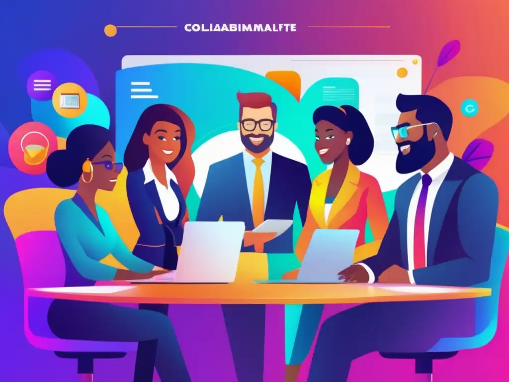 Afiliados exitosos en reunión Ejemplos exitosos de marketing de afiliados en una imagen vibrante y cautivadora de profesionales colaborando y compartiendo experiencias