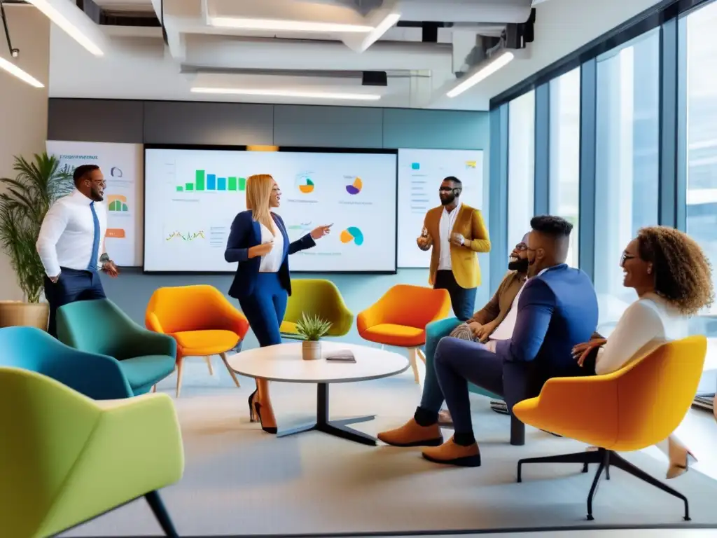 Equipo diverso discutiendo estrategias exitosas de marketing de afiliados en una oficina moderna