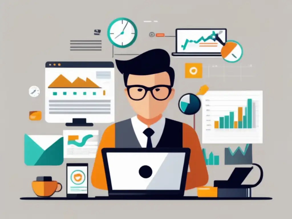 Trabajo eficiente con herramientas de marketing de afiliados Persona en un escritorio moderno rodeado de herramientas de afiliados, enfocada en el email marketing