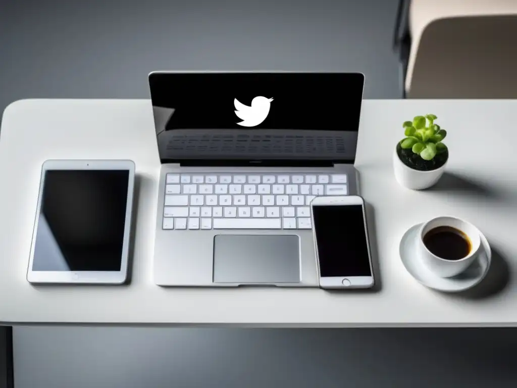 Escritorio blanco con dispositivos y redes sociales Escritorio blanco minimalista con laptop, smartphone y tablet, mostrando redes sociales y herramientas de marketing de contenidos para afiliados