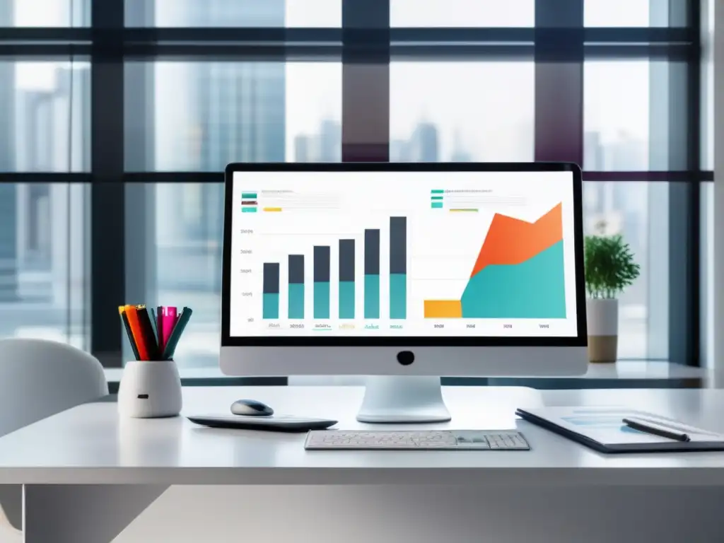 Escritorio blanco con informes de ventas y gráficos Escritorio blanco moderno con informes de ventas y comisiones en la pantalla del monitor