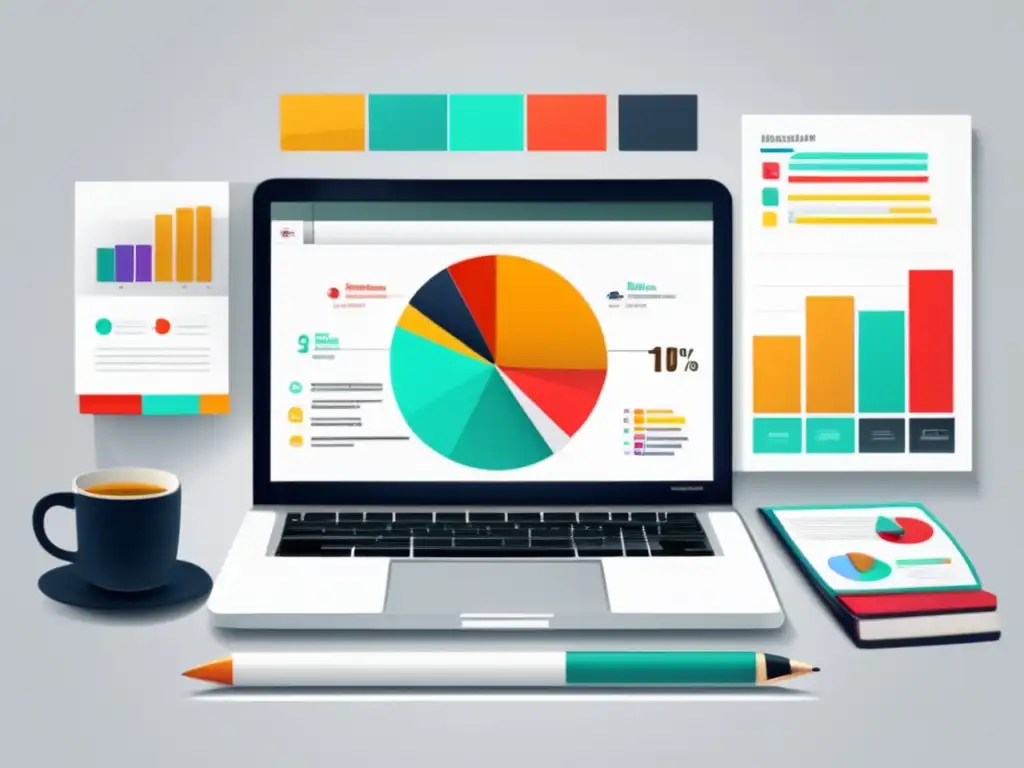 Escritorio blanco con laptop y herramientas para investigación de mercado Escritorio blanco con laptop y herramientas de research, marketing de afiliados