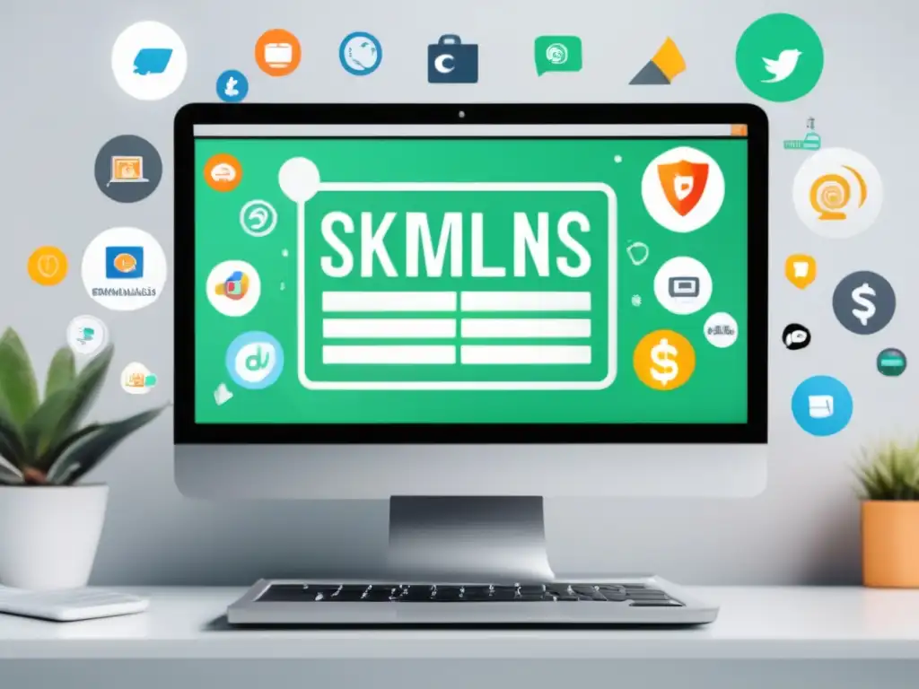 Escritorio blanco con laptop y símbolos de marketing de afiliados Ventajas y desventajas del programa de afiliados Skimlinks