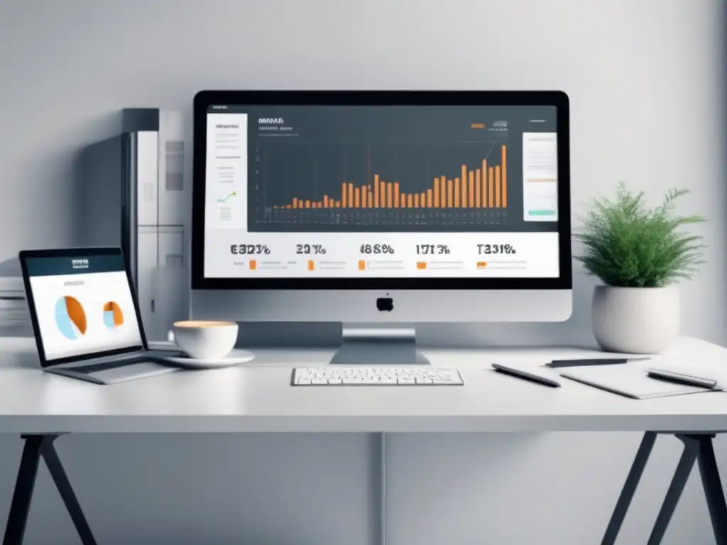 Escritorio blanco con monitor de análisis de datos Escritorio blanco minimalista con métricas clave para el rendimiento de campañas de marketing de afiliados