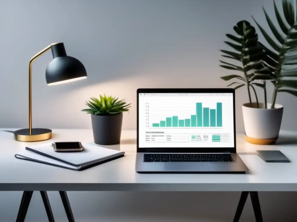 Escritorio minimalista con laptop y gráfica de ingresos pasivos Imagen de un escritorio blanco y minimalista con una laptop mostrando una gráfica de crecimiento, simbolizando el potencial de ingresos pasivos