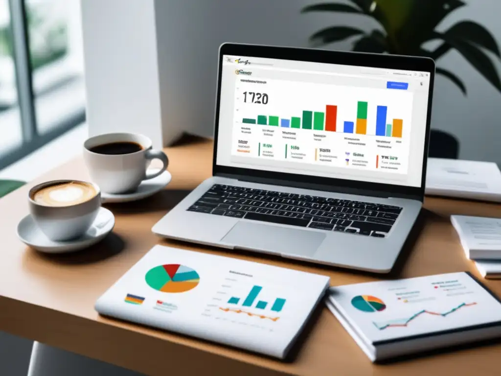 Espacio de trabajo limpio y organizado con laptop, libros y café Herramientas de afiliados efectivas en una imagen de escritorio blanco minimalista con laptop, gráficos de Google Analytics, libros y café