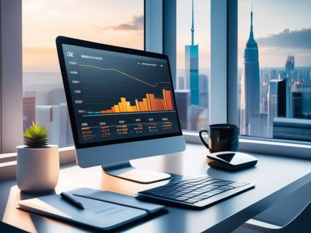 Escritorio moderno con gráficos y vista a la ciudad Escritorio moderno con datos y vista de ciudad, muestra importancia de técnicas de análisis de datos en marketing de afiliados