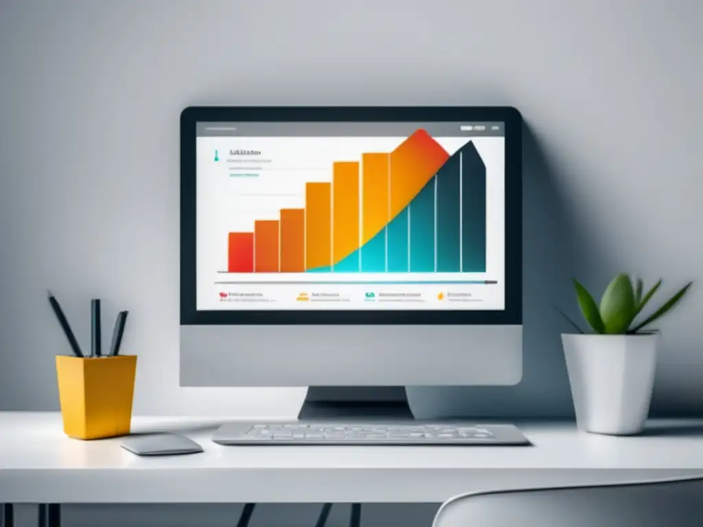 Escritorio moderno con laptop y gráfico de conversiones Herramientas de conversión para marketing de afiliados: Escritorio moderno con laptop, gráfico vibrante y elementos organizados
