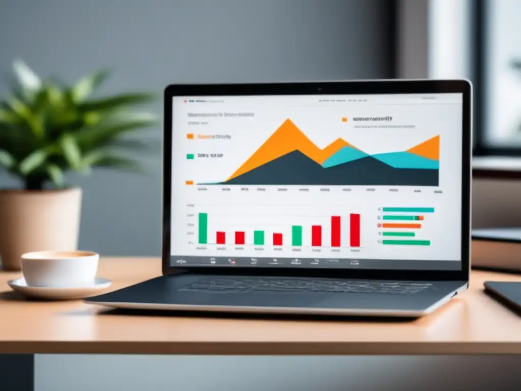 Estrategias de ingresos con el programa de afiliados de Udemy Laptop moderno en un escritorio con materiales de marketing y gráfico de ingresos: estrategias efectivas en programa afiliados Udemy