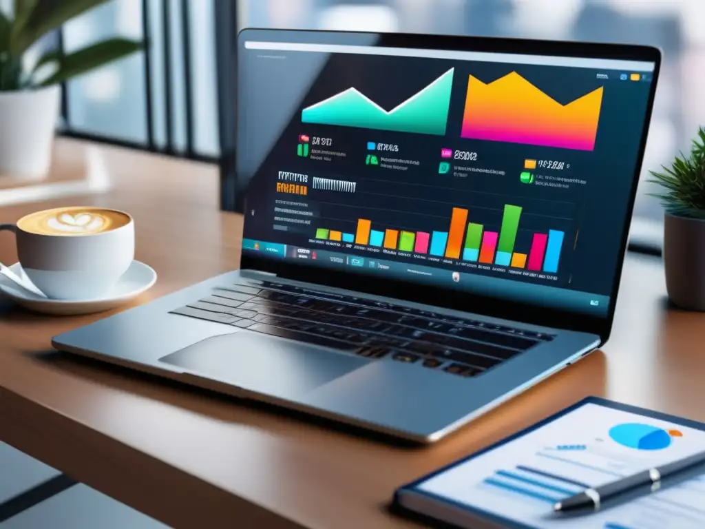 Laptop y dashboard de marketing de afiliados Laptop moderno en escritorio minimalista, con gráficos y estrategias clave para mejorar ingresos en el marketing de afiliados