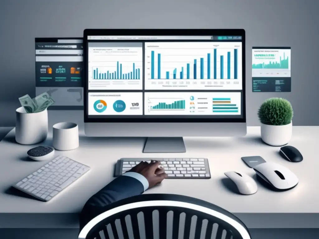 Escritorio blanco con gráfico de programas de afiliados Escritorio blanco con monitor que muestra gráfico de crecimiento de programas de afiliados