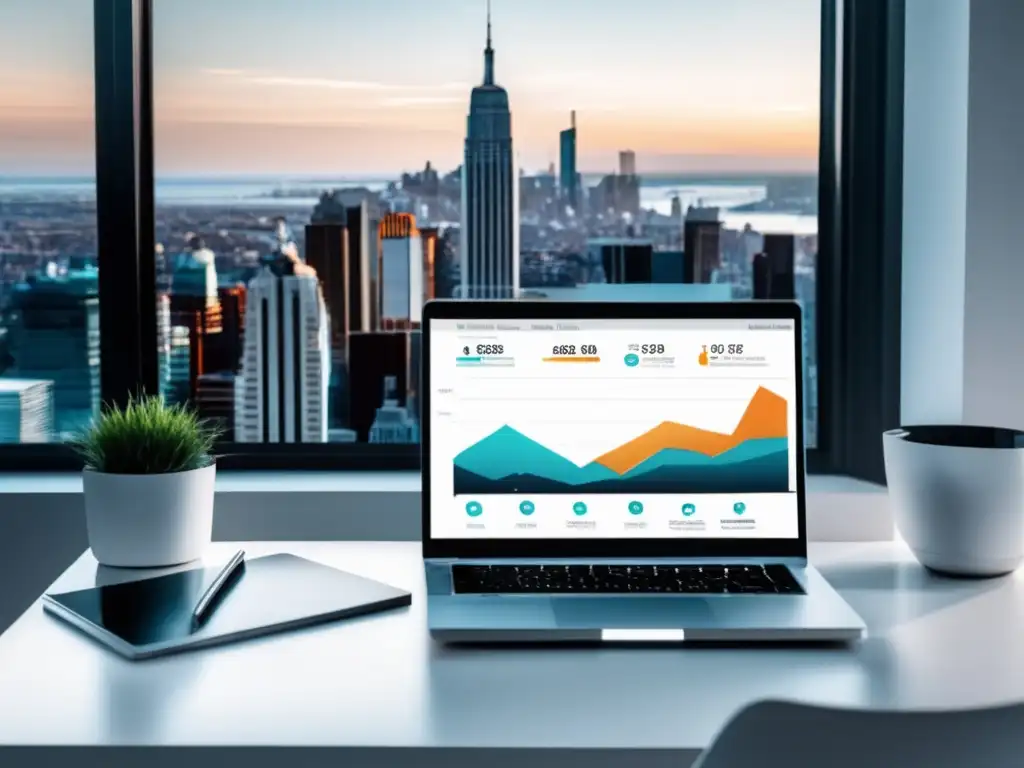 Éxito y crecimiento financiero en el marketing de afiliados Ejemplos exitosos de marketing de afiliados en una imagen minimalista con una laptop, vista de ciudad y gráficas de crecimiento