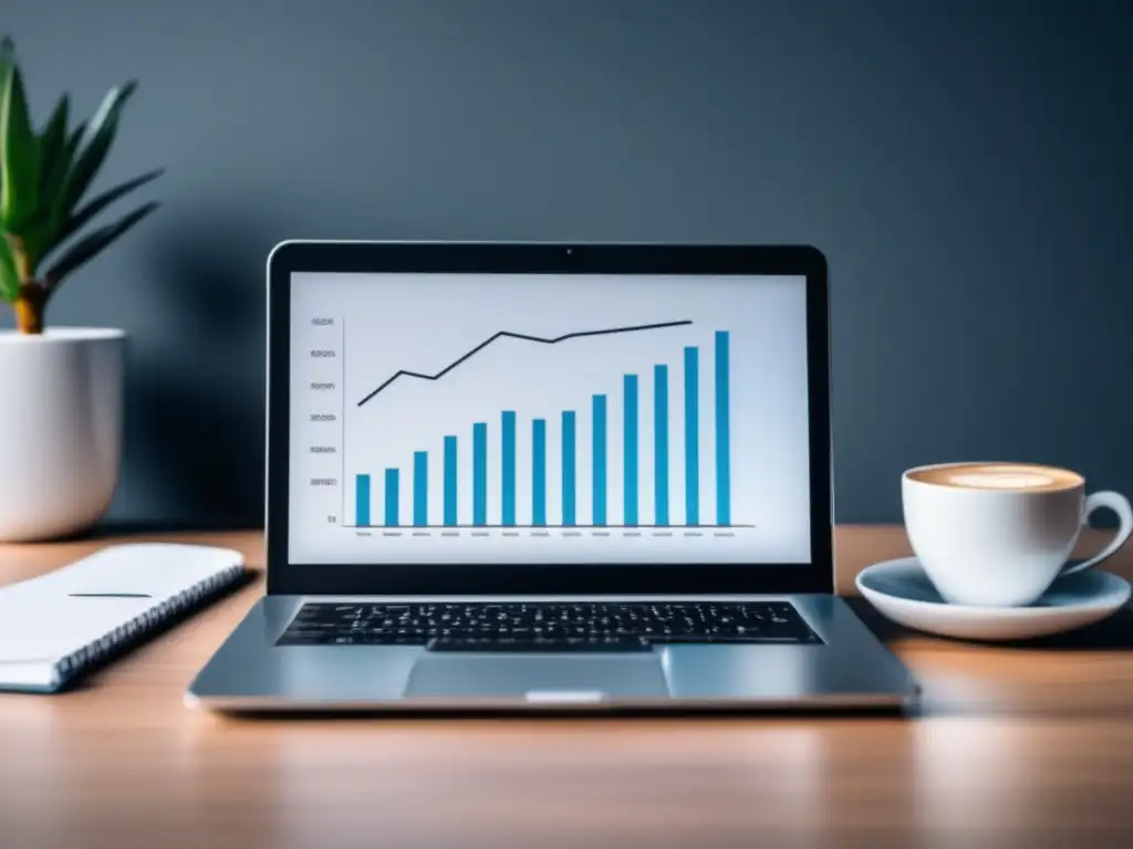 Escritorio minimalista con laptop y gráfico de crecimiento Laptop en un escritorio minimalista, con gráfico de tendencia ascendente, simbolizando el éxito y crecimiento del marketing de afiliados