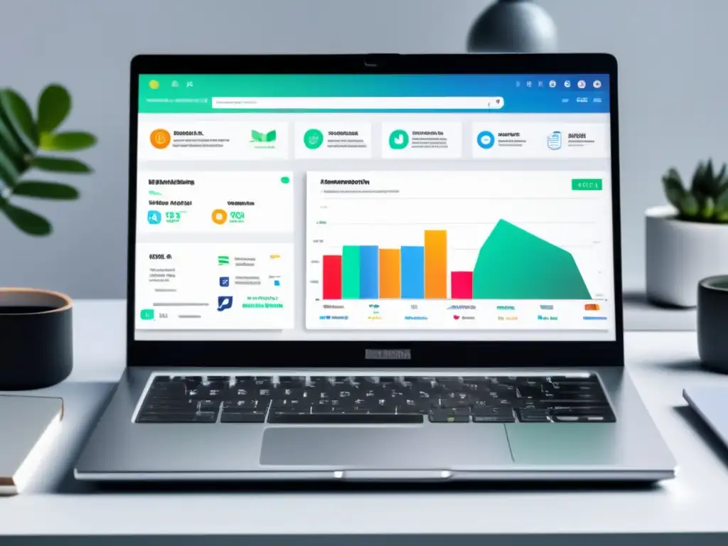 Herramientas de afiliación y análisis de palabras clave Imagen de laptop moderna en un escritorio blanco con herramientas de marketing de afiliados