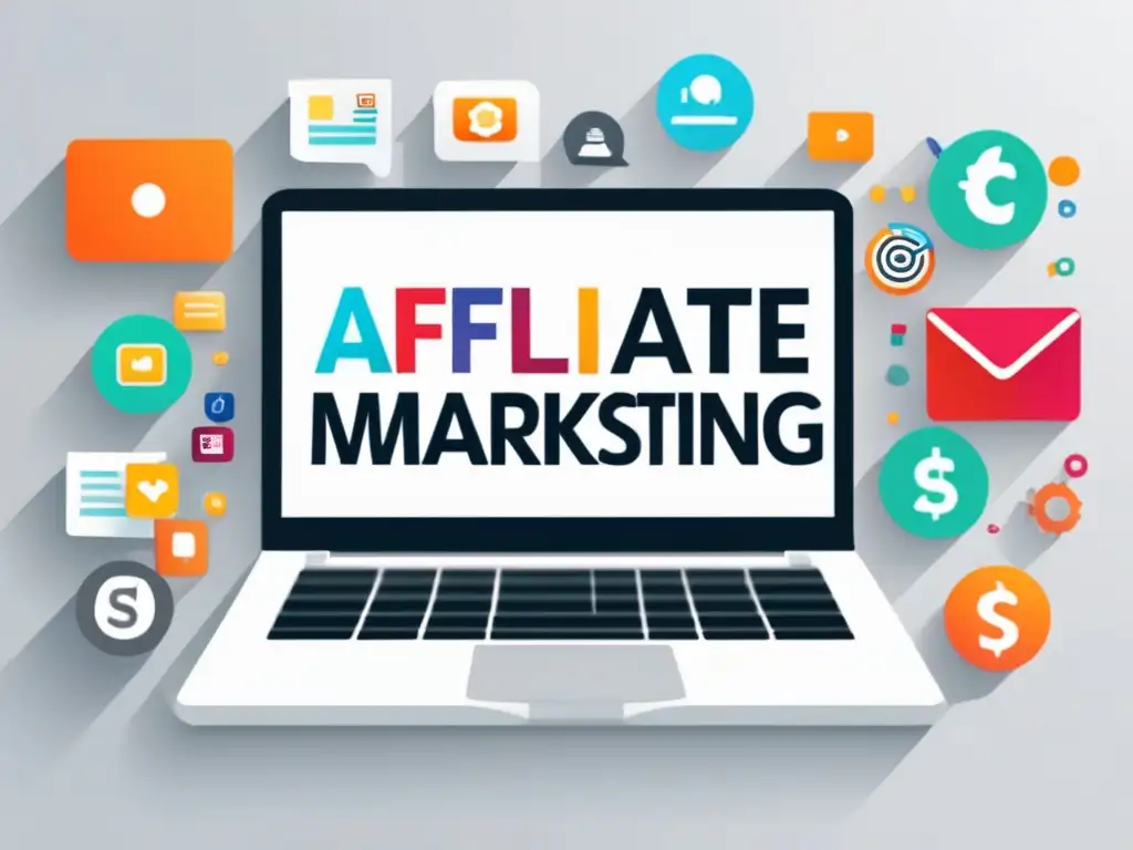Laptop de afiliados con iconos de marketing Laptop con íconos clave: afiliados, ganancias, SEO, email, contenido