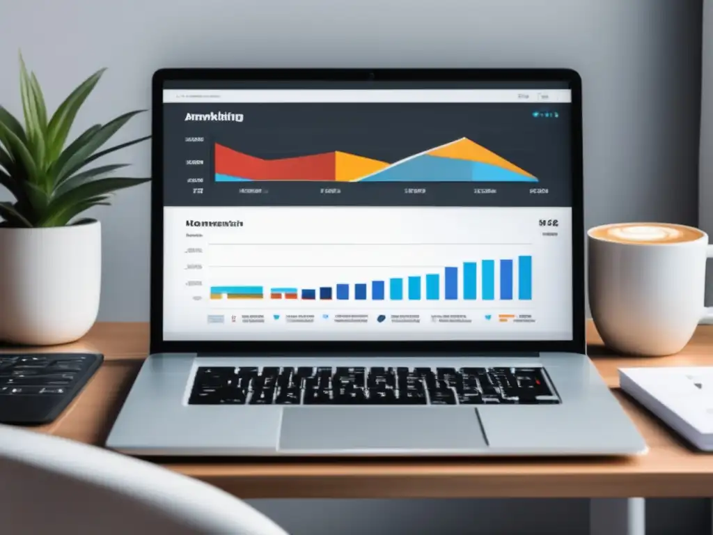 Escritorio organizado con laptop y gráficos de conversiones Laptop blanco en un escritorio organizado con métricas y análisis de datos para mejorar conversiones en marketing de afiliados