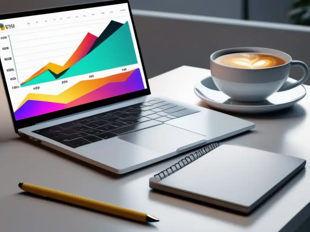 Escritorio blanco con laptop, gráfico vibrante y SEO para afiliados Escritorio blanco con laptop, gráfica colorida y palabras
