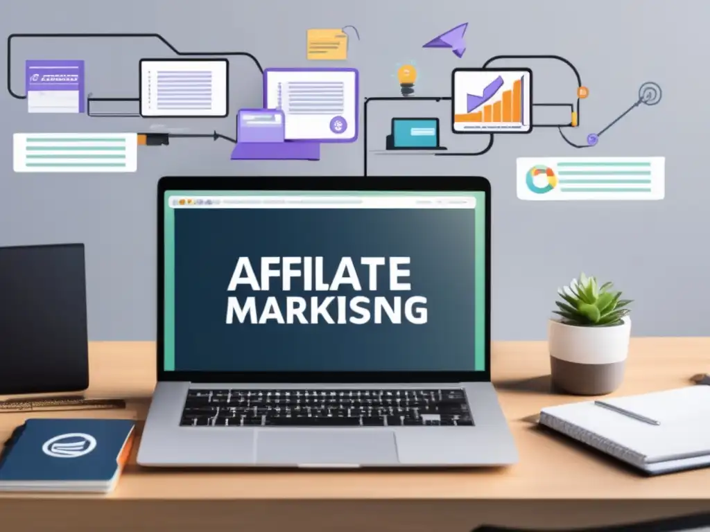 Escritorio minimalista con herramientas de marketing de afiliados Escritorio de marketing de afiliados: herramientas efectivas y estrategias ilustradas