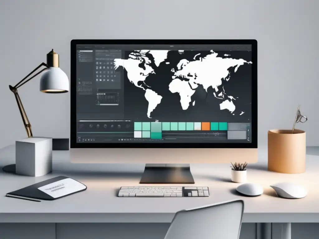 Escritorio de diseño minimalista con herramientas elegantes Herramientas de diseño para marketing de afiliados en un elegante escritorio blanco con una gran pantalla y software de diseño profesional