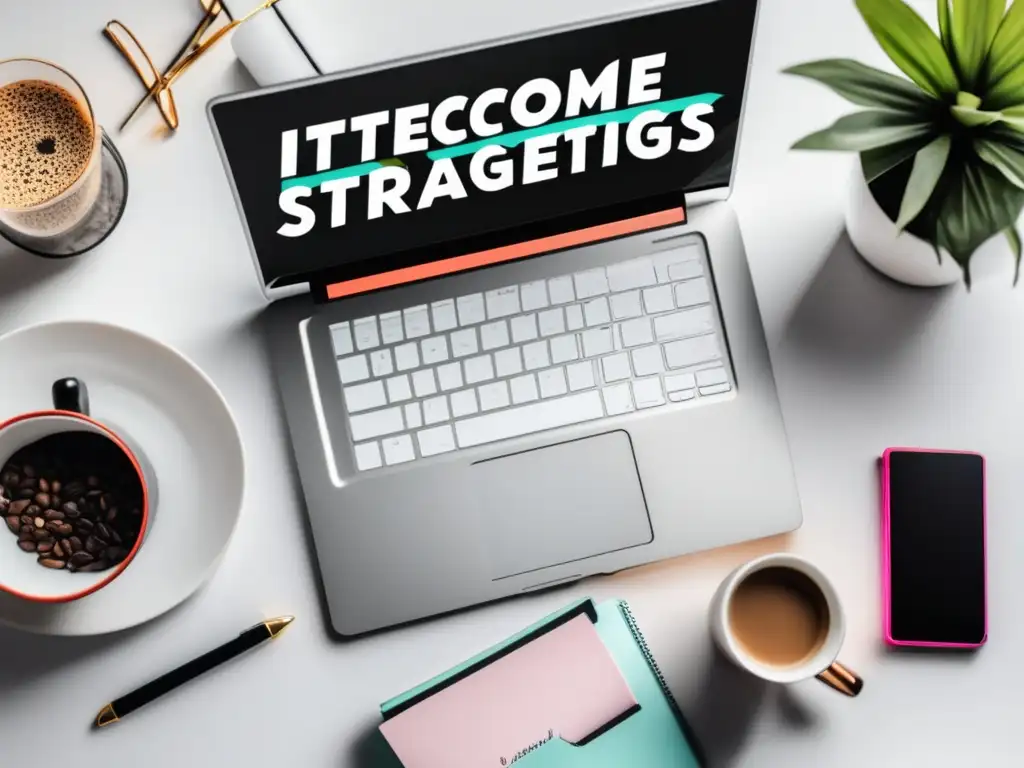 Escritorio minimalista para marketing de afiliados Laptop y elementos de marketing de afiliados con estrategias de contenido para aumentar ingresos