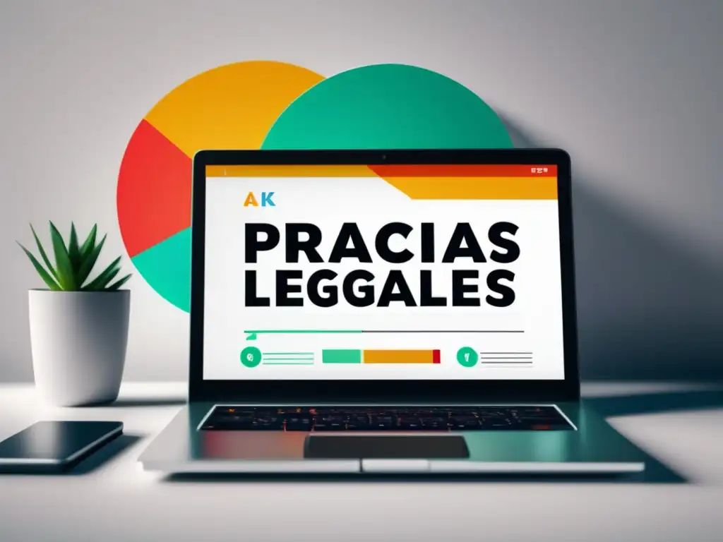 Escritorio minimalista con laptop y herramientas Imagen: Laptop en escritorio blanco con gráfica de éxito en pantalla y accesorios, prácticas legales marketing de afiliados