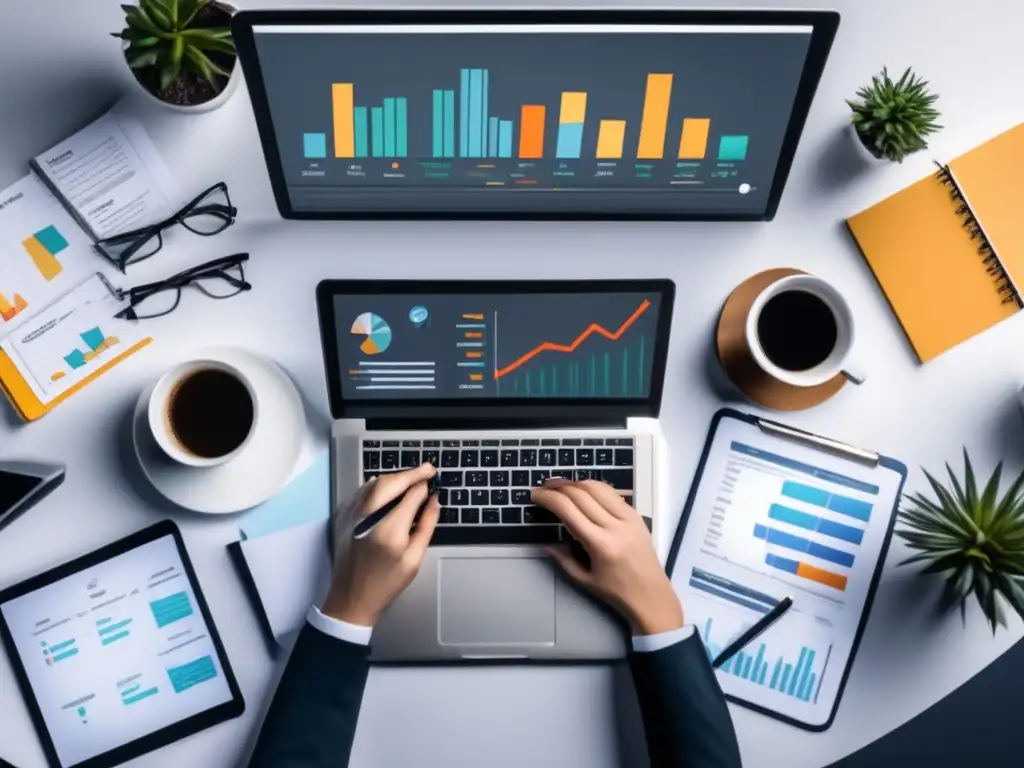 Estrategias de marketing de afiliados eficientes Persona enfocada en laptop, rodeada de herramientas de marketing
