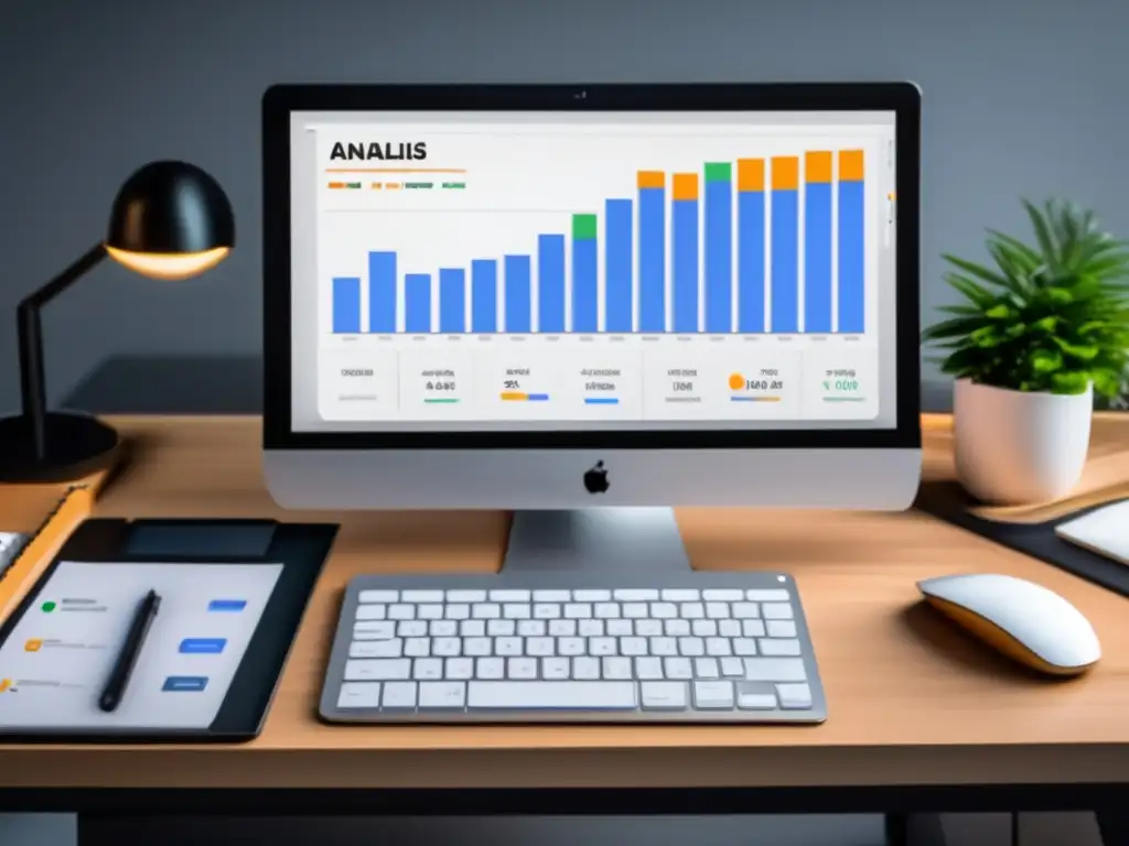 Escritorio moderno con análisis de datos Escritorio minimalista con monitor Google Analytics y teclado elegante