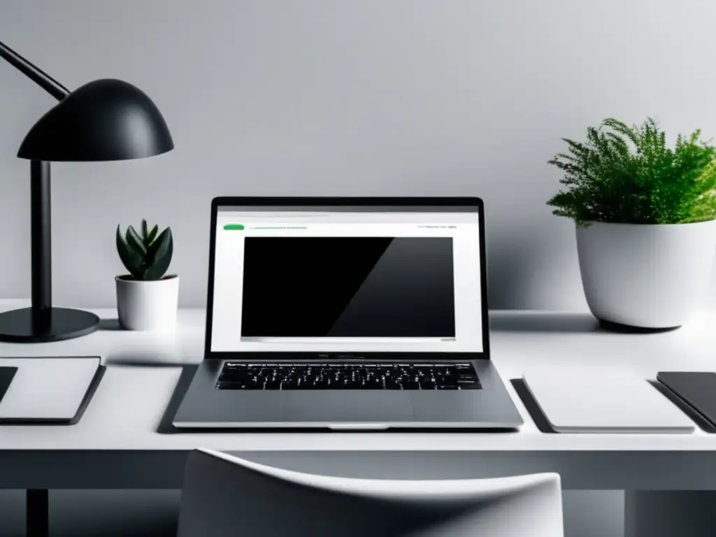 Escritorio moderno con laptop y accesorios elegantes Imagen de una oficina moderna con laptop y accesorios elegantes, representando estrategias avanzadas en marketing de afiliados