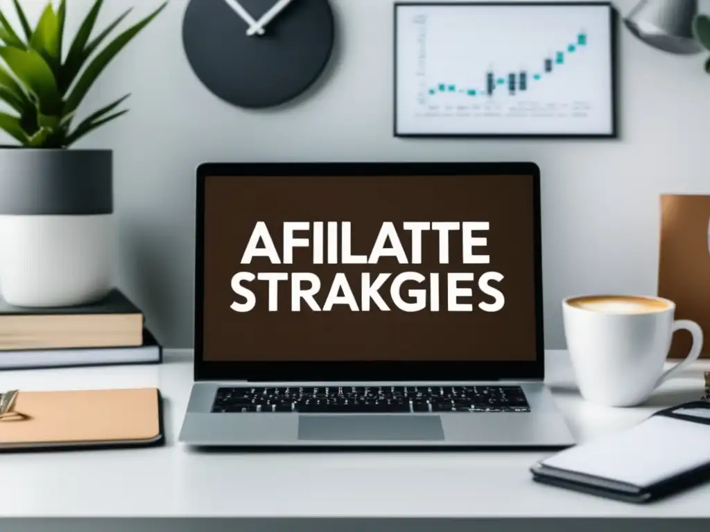 Éxito en el marketing de afiliados Estrategias de marketing de afiliados exitosas con laptop, gráfico de crecimiento, accesorios profesionales
