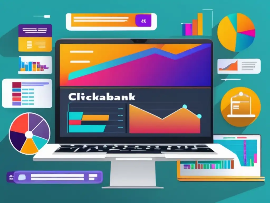 Laptop profesional con pantalla vibrante y dashboard de ClickBank Laptop ClickBank: Estadísticas, nichos rentables y seguimiento de rendimiento en programa de afiliados