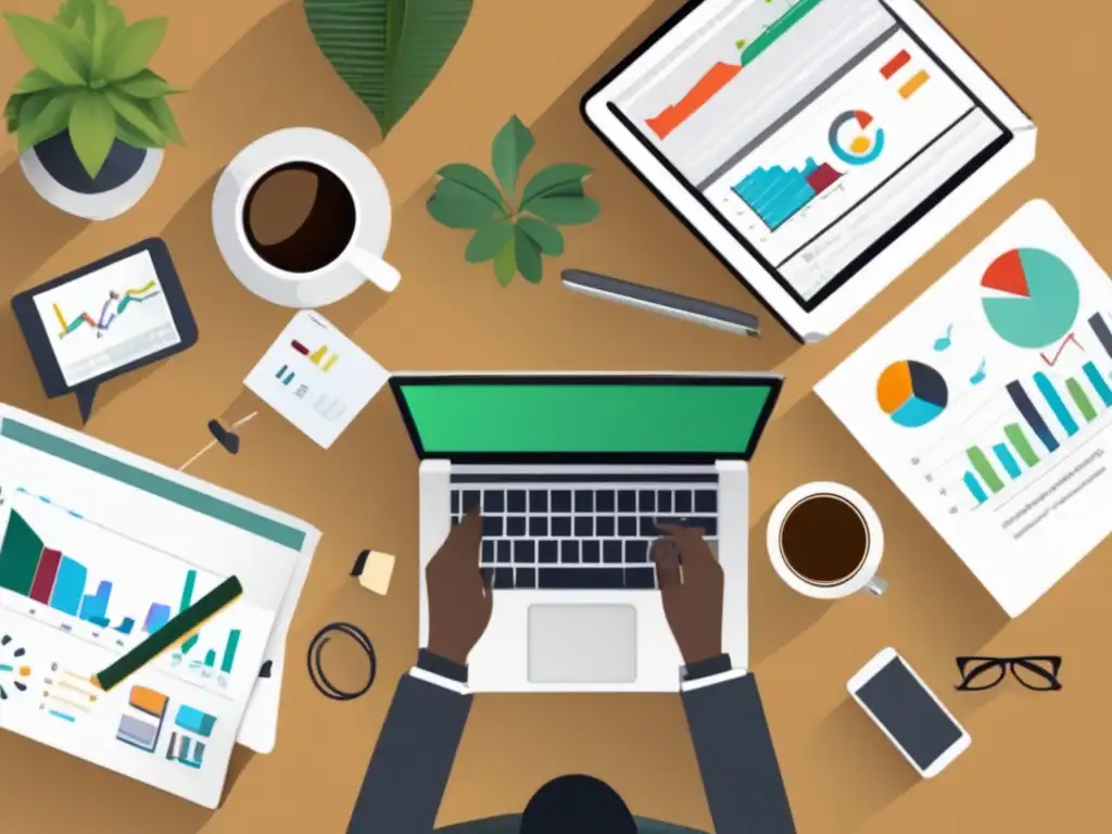 Persona organizada en el escritorio con herramientas de marketing Persona en escritorio con laptop y herramientas de marketing, simbolizando pasos clave para comenzar en el marketing de afiliados