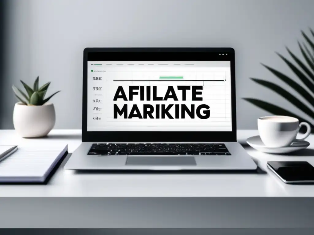 Escritorio moderno con laptop, gráfica y notas Escritorio blanco minimalista con laptop y pasos legales para el marketing de afiliados