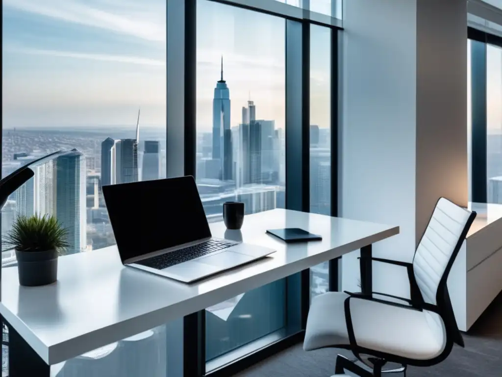 Escritorio de oficina moderno con vista panorámica de la ciudad Oficina minimalista con vista panorámica de la ciudad