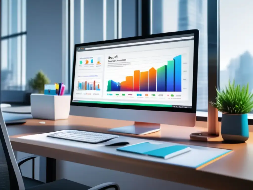 Escritorio moderno con monitor de redes sociales Escritorio de oficina moderno con monitor de computadora mostrando cuadro de análisis de redes sociales
