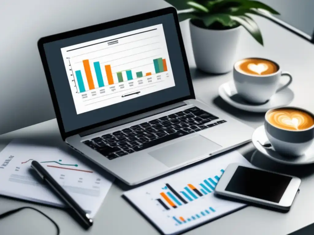 Escritorio minimalista con laptop, documentos legales y café Escritorio blanco moderno con laptop, documentos legales y café