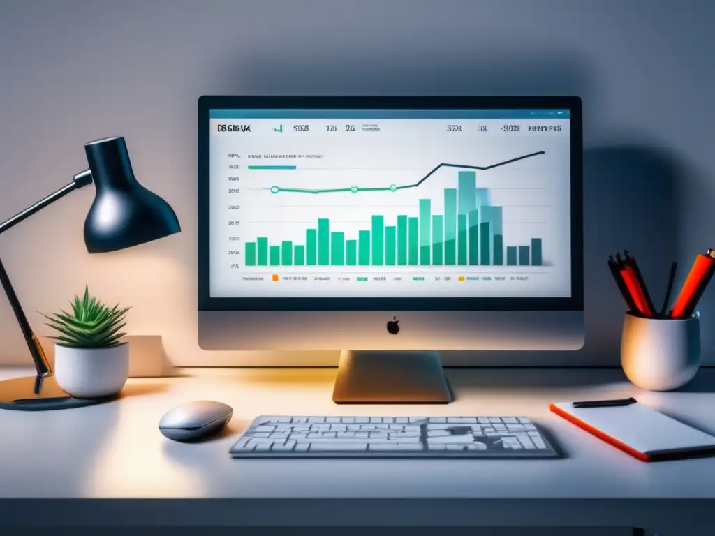 Escritorio minimalista con gráfica y materiales de marketing Escritorio blanco con gráfica de tendencia y materiales de marketing