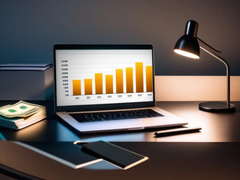 Oficina moderna: crecimiento seguro y legal Escritorio moderno con laptop, documentos legales y dinero