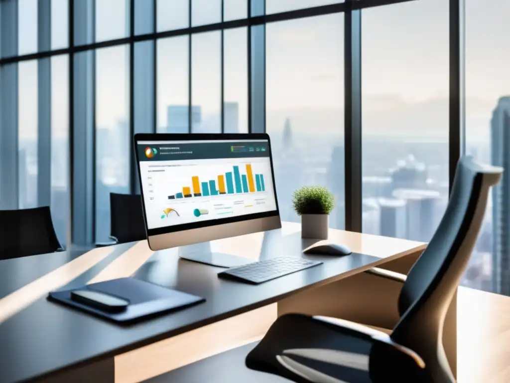 Escritorio moderno y organizado, reflejando profesionalismo y éxito Desk de oficina moderno y organizado con laptop y documentos legales, ejemplifica buenas prácticas en afiliado marketing