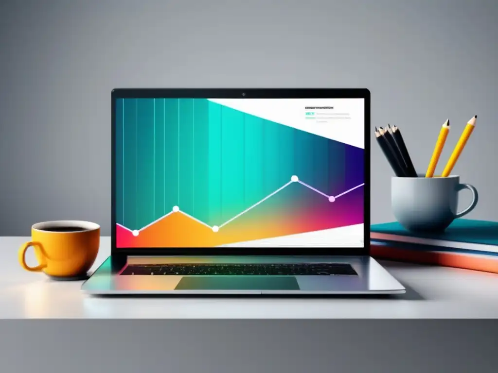 Laptop minimalista muestra gráfico de ganancias Laptop minimalista con pantalla vibrante, gráfico de ganancias y libros de afiliados: maximiza ganancias
