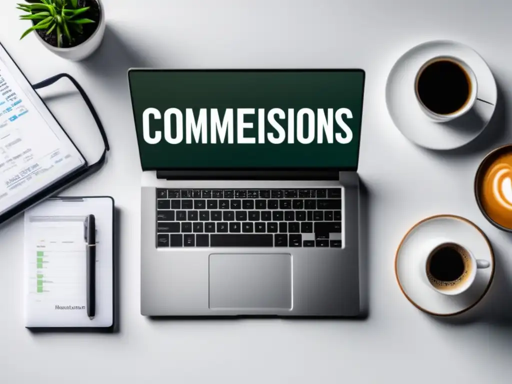Laptop moderno en escritorio blanco con herramientas de marketing Laptop moderno y profesional con herramientas de marketing y gráfico de comisiones, beneficios y ventajas del programa de afiliados de MailerLite